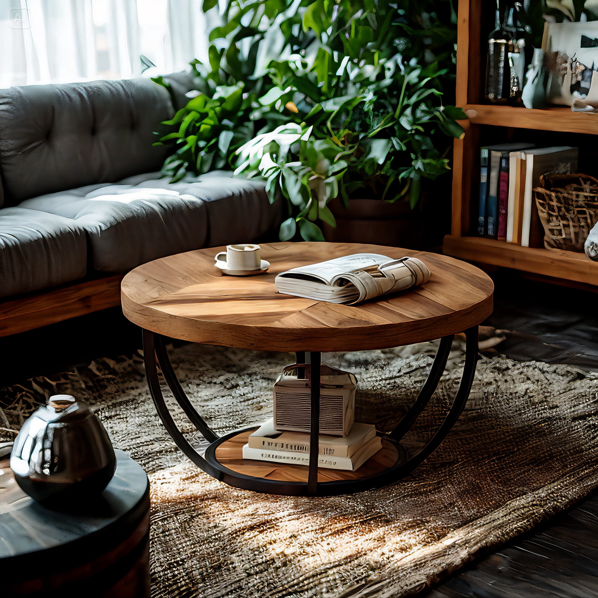 2-Tier Round Wooden Coffee Table, Modern Cocktail Table with Storage Shelf, Sturdy Living Room Coffee Table, Beige