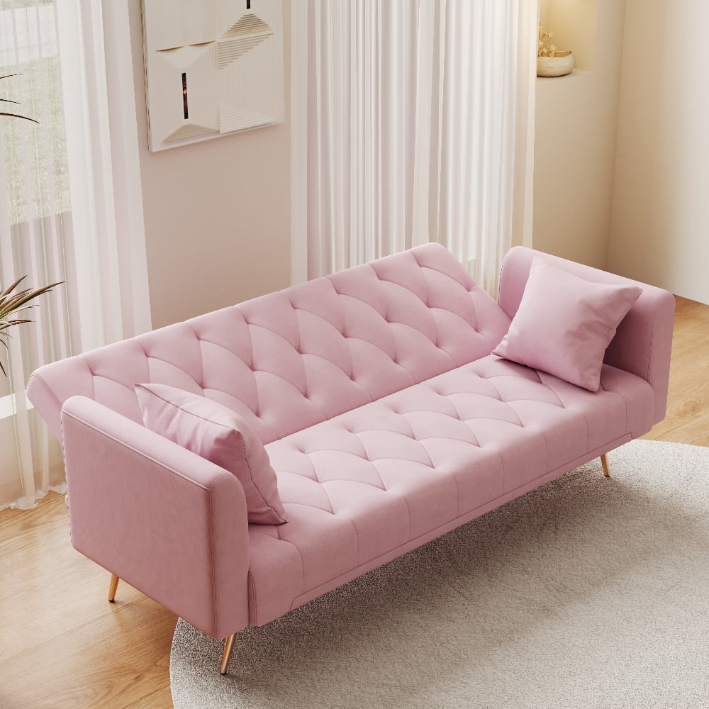 Oufan 71" American Convertible Sofa, Velvet Loveseat with Adjustable Backrest & Metal Legs, 2-Seater Couch for Living Room, Apartment, Pink