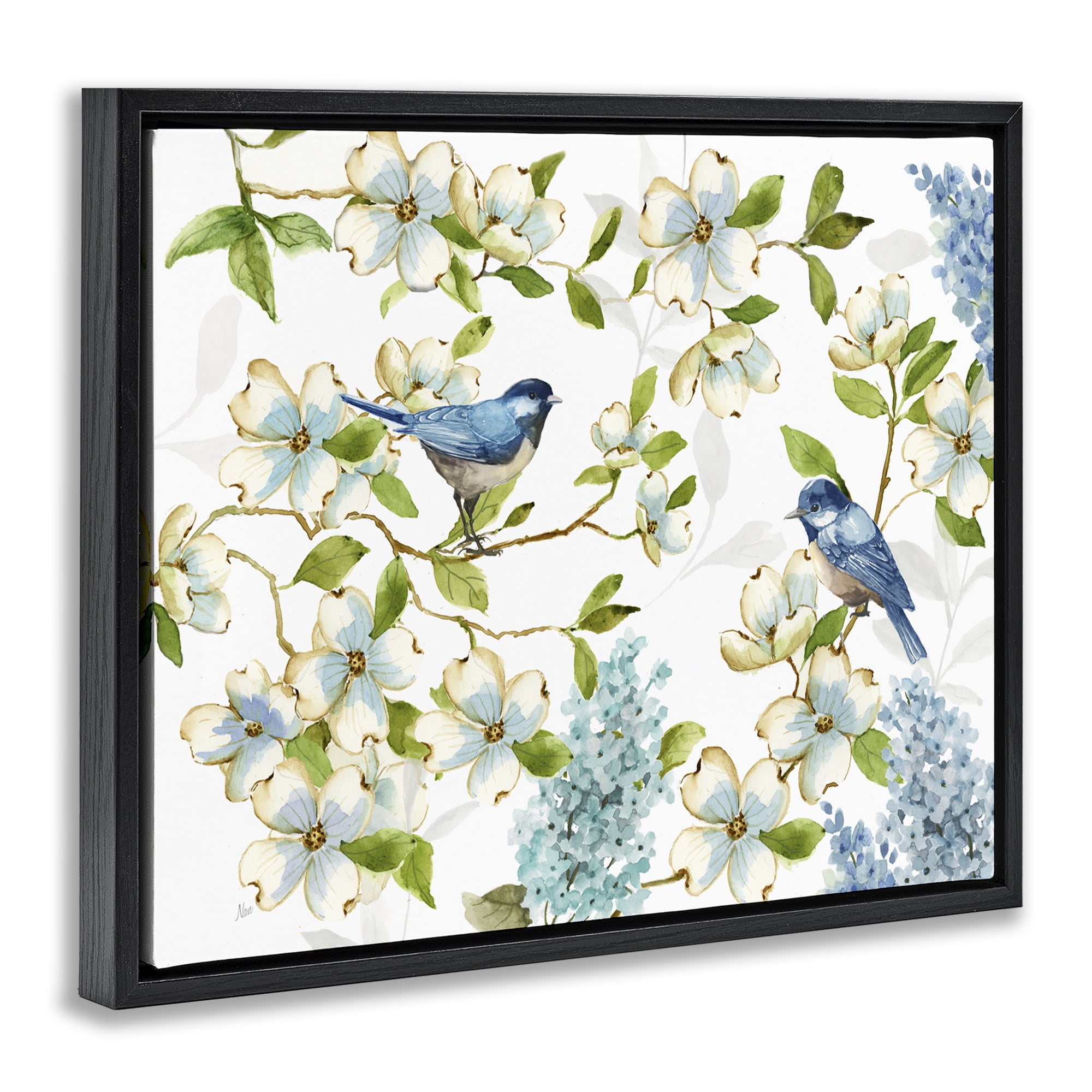 Stupell Industries Dogwood & Bluebirds Plants & Flowers Painting Black Floater Framed Canvas Art Print Wall Art, 31 x 25