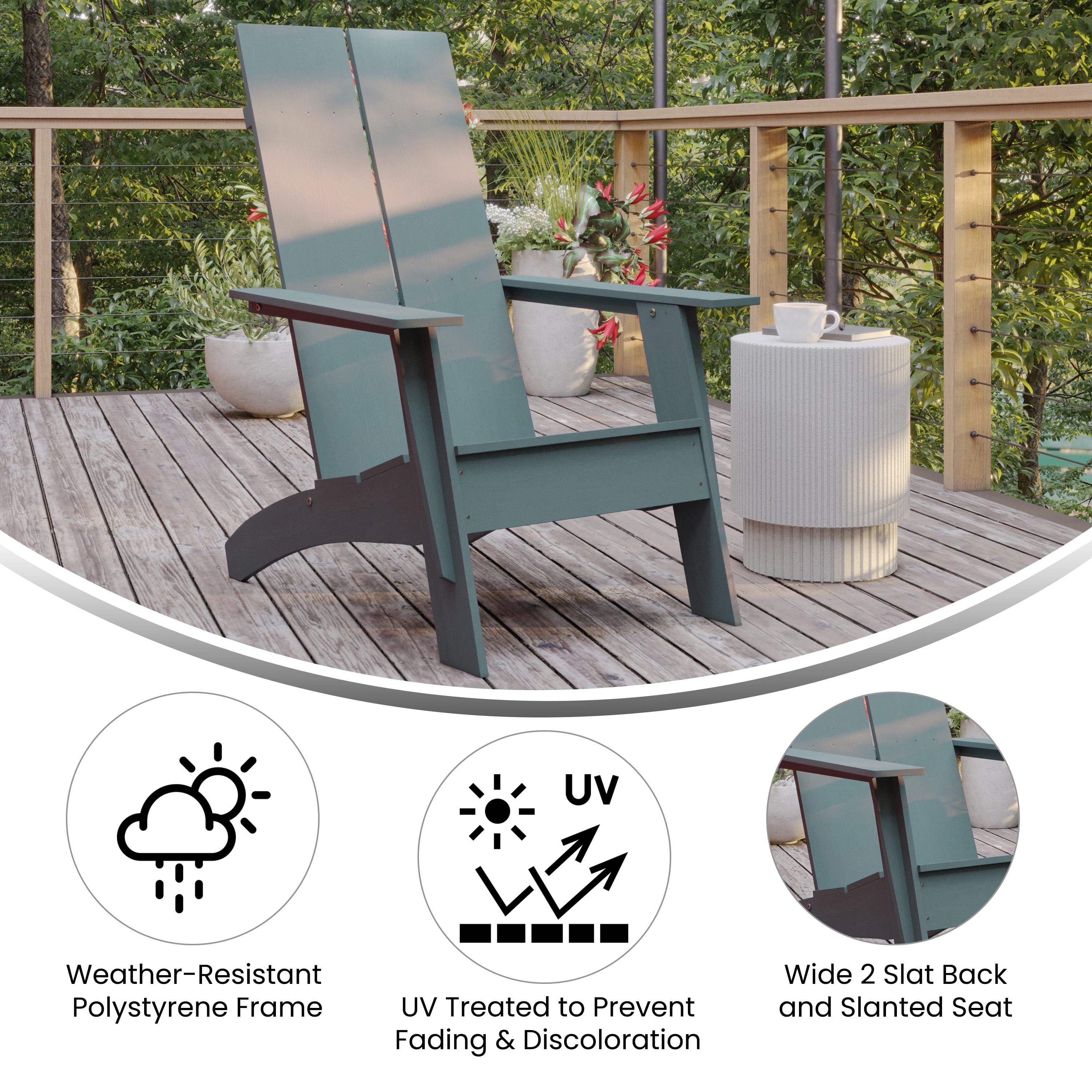 BizChair Modern Commercial 2-Slat Back Adirondack Chair - Sea Foam All-Weather Poly Resin Lounge Chair