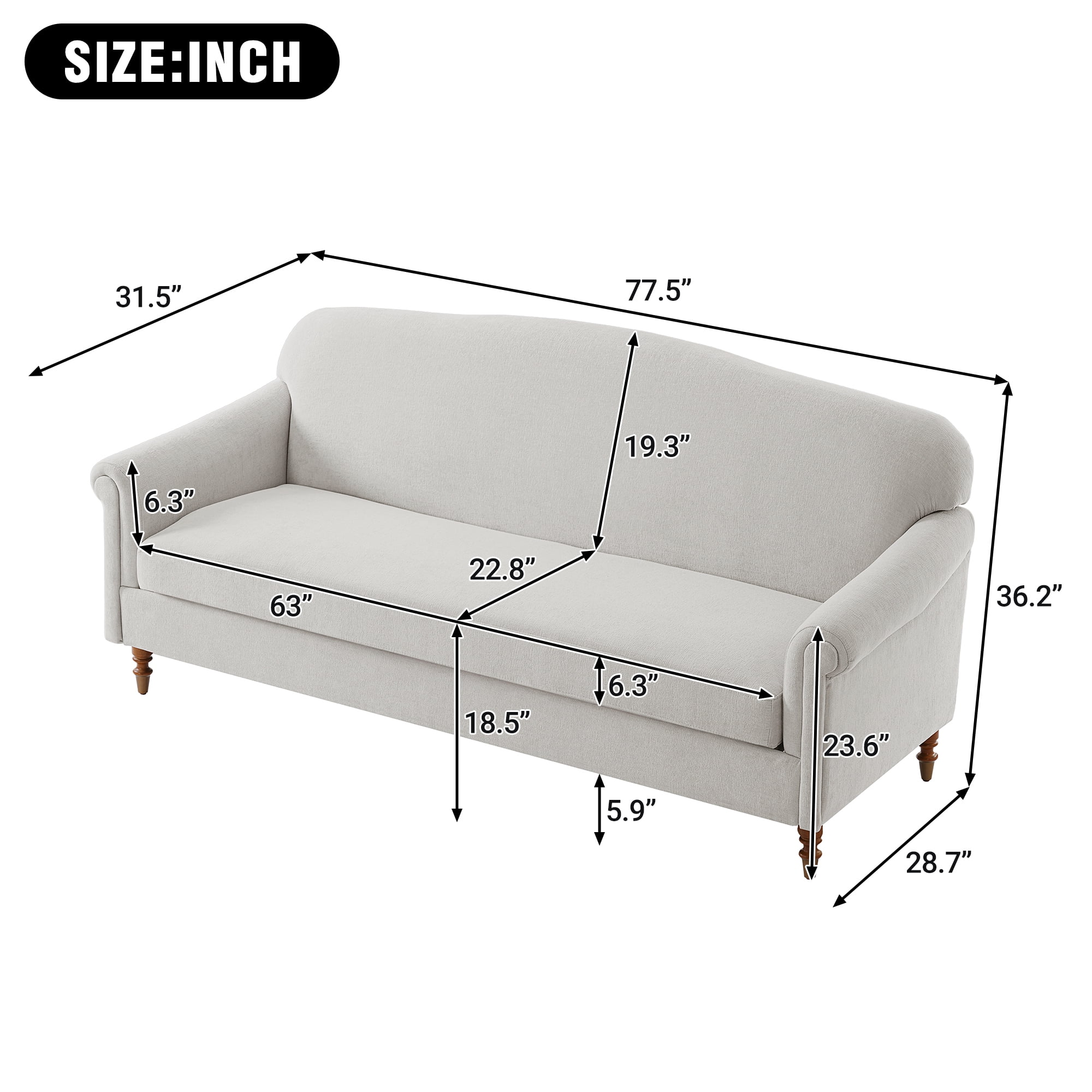 Elegant 77.5-Inch Loveseat Sofa with Rolled Arms and Chenille Upholstery, 2-Seater Couch for Living Room and Reading Corner, Light Grey