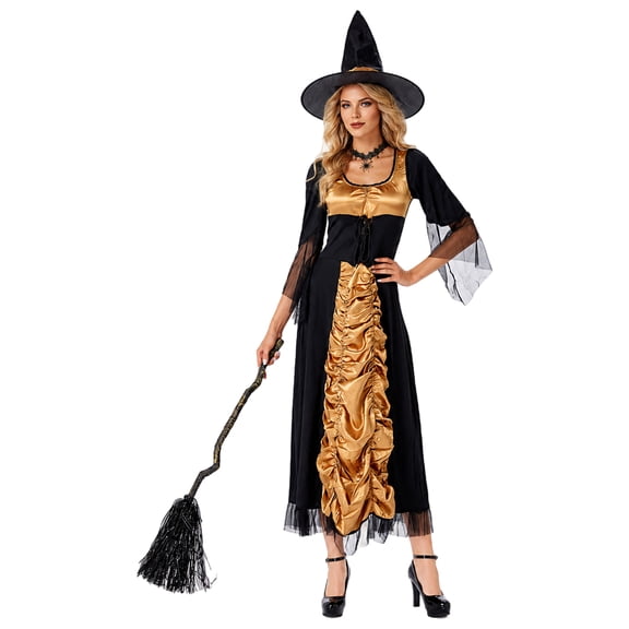 Witch Costume for Women, Black and Gold Long Dress with Flared Sleeves, Adult Halloween Outfit for Costume Party and Stage Performance, Black and Gold, Size L