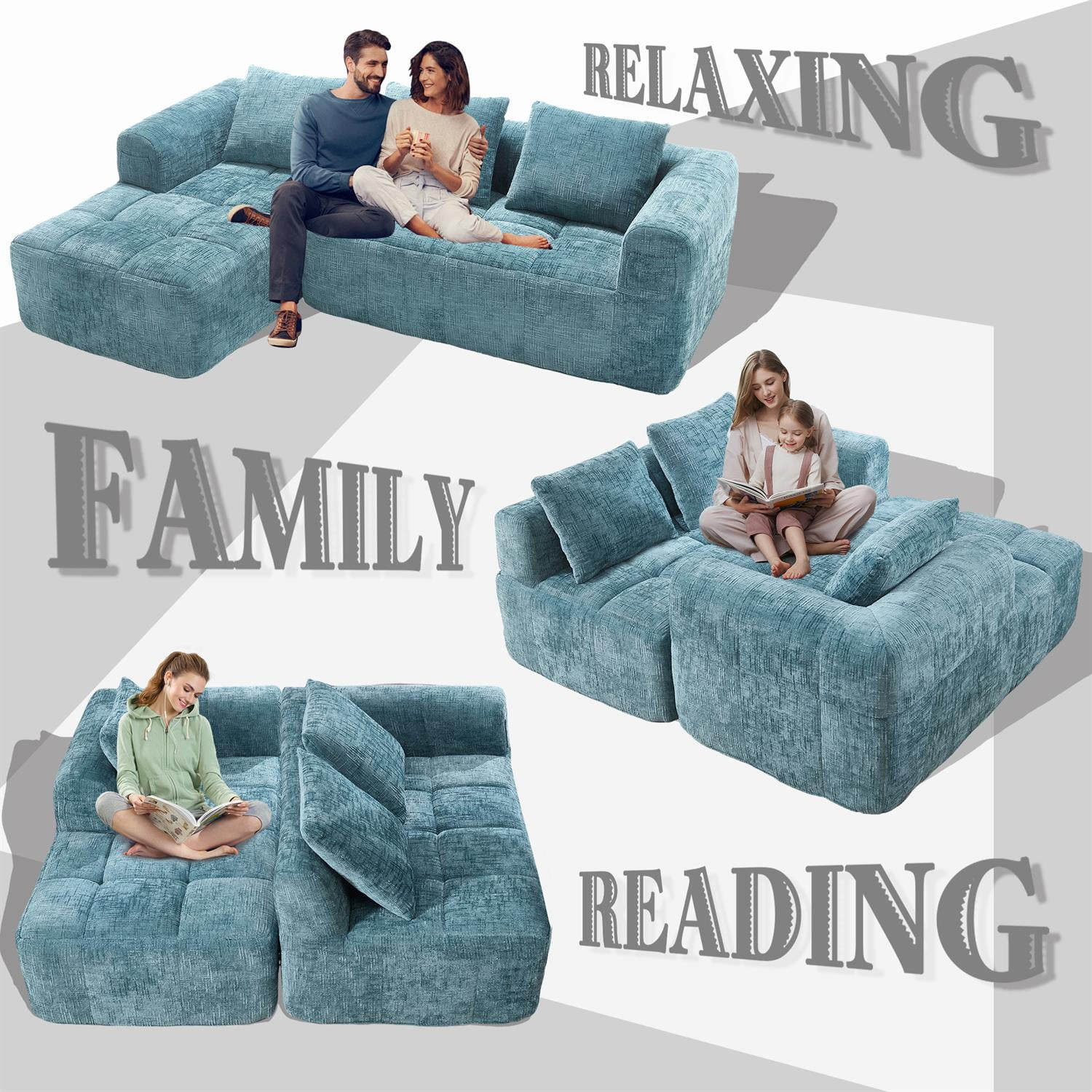 Demi Bonn 98" L-Shaped Modular Sectional Sofa with Chaise, Side Pockets, Modern Comfort Couch, Compression-Free Installation for Living Room, Blue