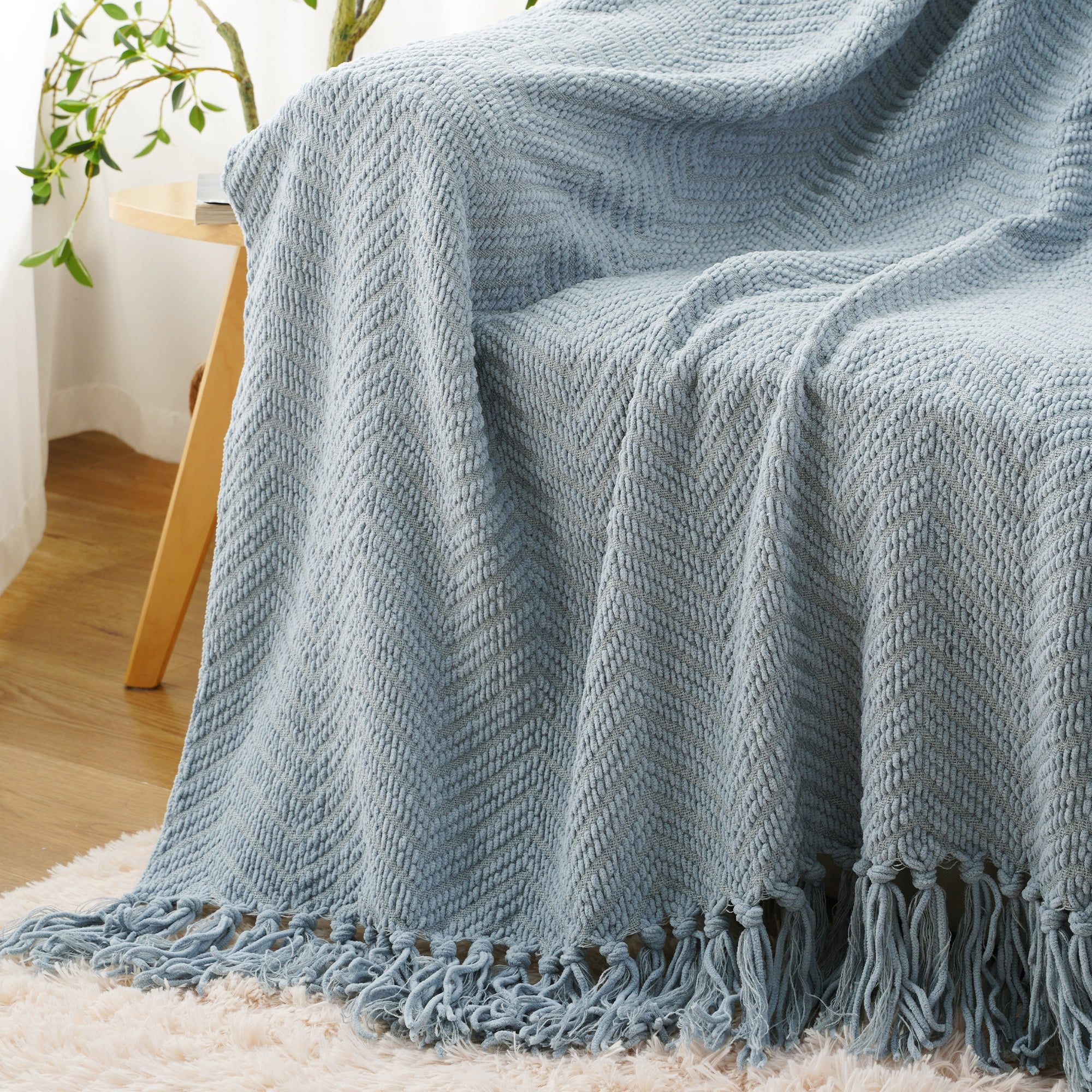 Battilo Bluish Grey Chenille Throw Blanket for Couch,Soft Knit Throws with Tassels for Living Room,50"x60"