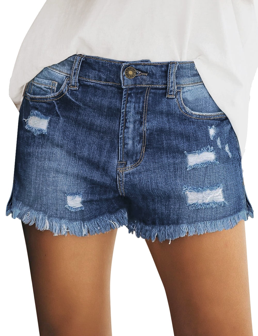 Summer Denim Ripped Women'S Shorts - Closure Distressed Knee Length Stretch Short Jeans