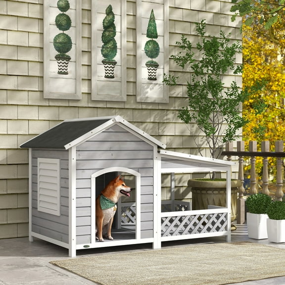 PawHut Wooden Outdoor Dog House with Porch, Light Gray