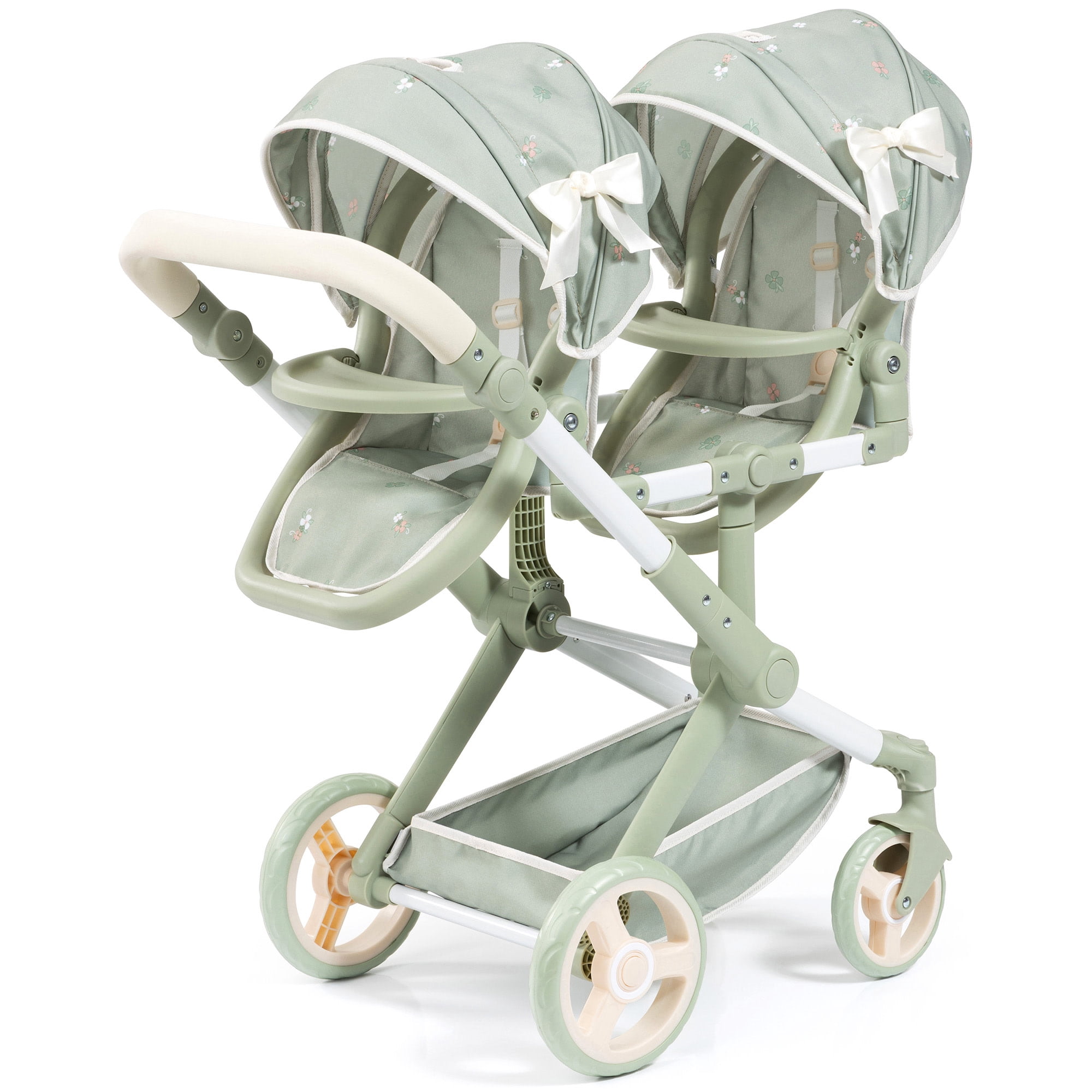 Bayer Design: Doll Pram Xeo Twin - Green & Flowers - Push Stroller, Adjustable Seats & Handle, Foldable, Handbag, Toy Seats 2 Dolls Up To 18", Kids 3+