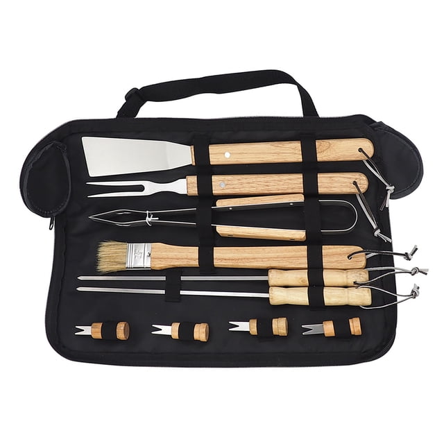 Juego de Herramientas para asar a la parrilla de acero inoxidable con mango de madera, utensilios para barbacoa de Picnic, 10 Uds.