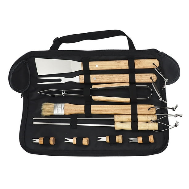 Juego de 10 herramientas para asar a la parrilla de acero inoxidable con mango de madera, utensilios para parrilla para barbacoa de picnic