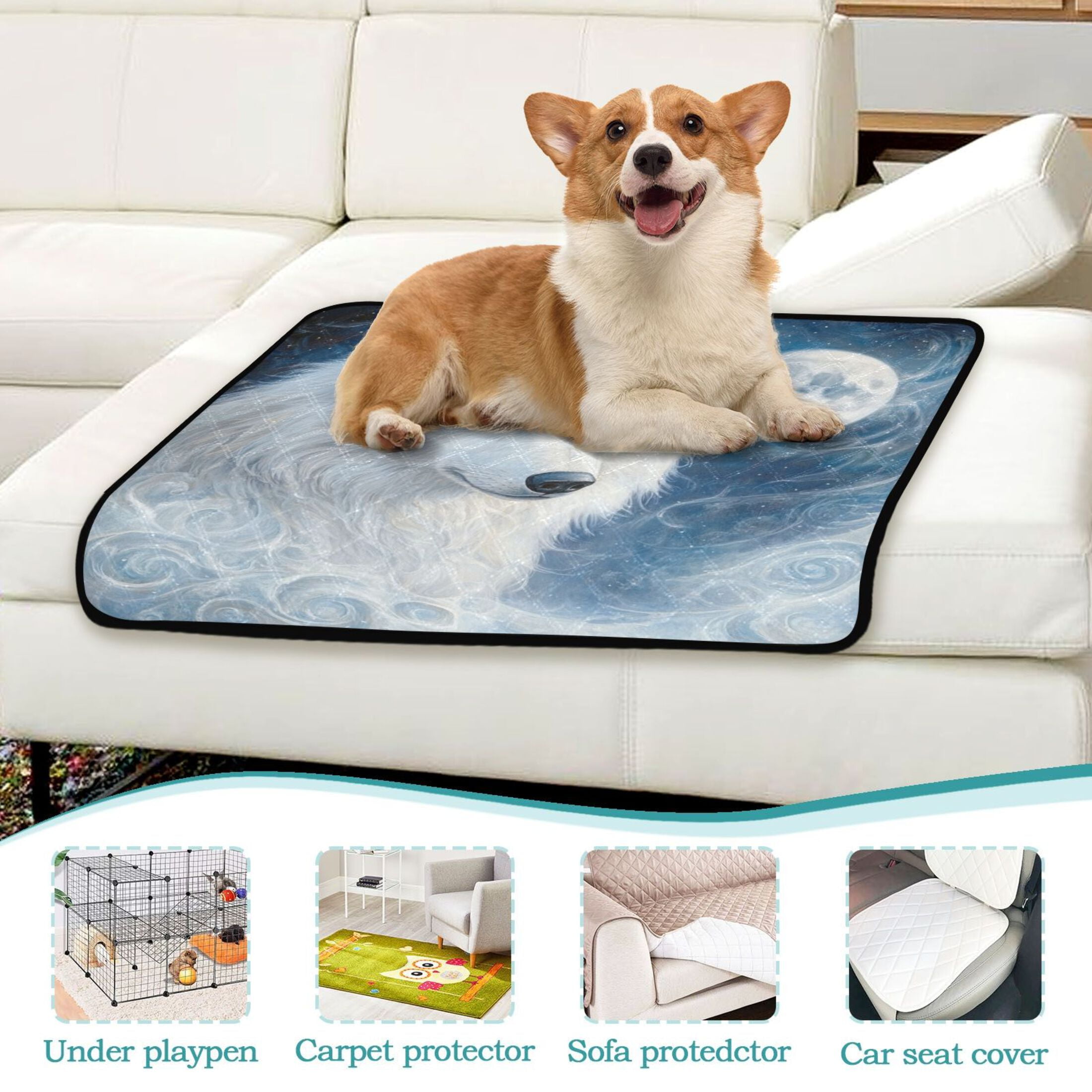 Qxltty Cool White Wolf Cat litter Pads Pet Set of 3 Diaper Mats Center Anti-leakage Layer Absorbent Soft and Comfortable
