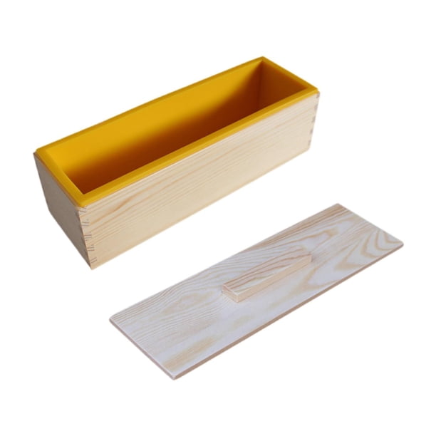 Molde rectangular de silicona con tapa de madera, molde para jabón para velas, hecho en casa. Amarillo