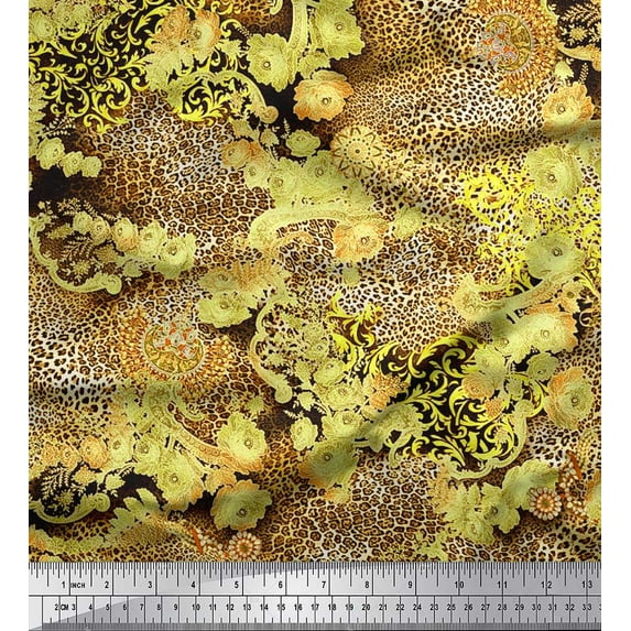 Soimoi Yellow Silk Fabric Floral & Leopard Animal Skin Print Fabric by the Yard 42 Inch Wide
