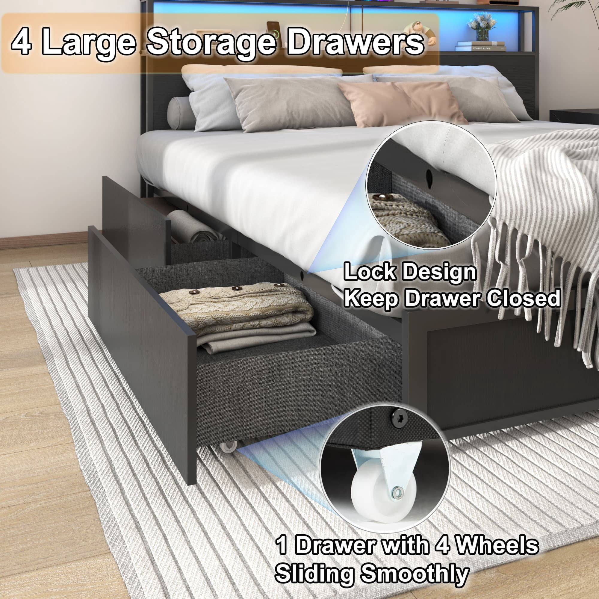 LED King Size Bed Frame with Storage Headboard & 4 Drawers, Industrial Metal Platform Bed with Power Charging Station & USB Ports