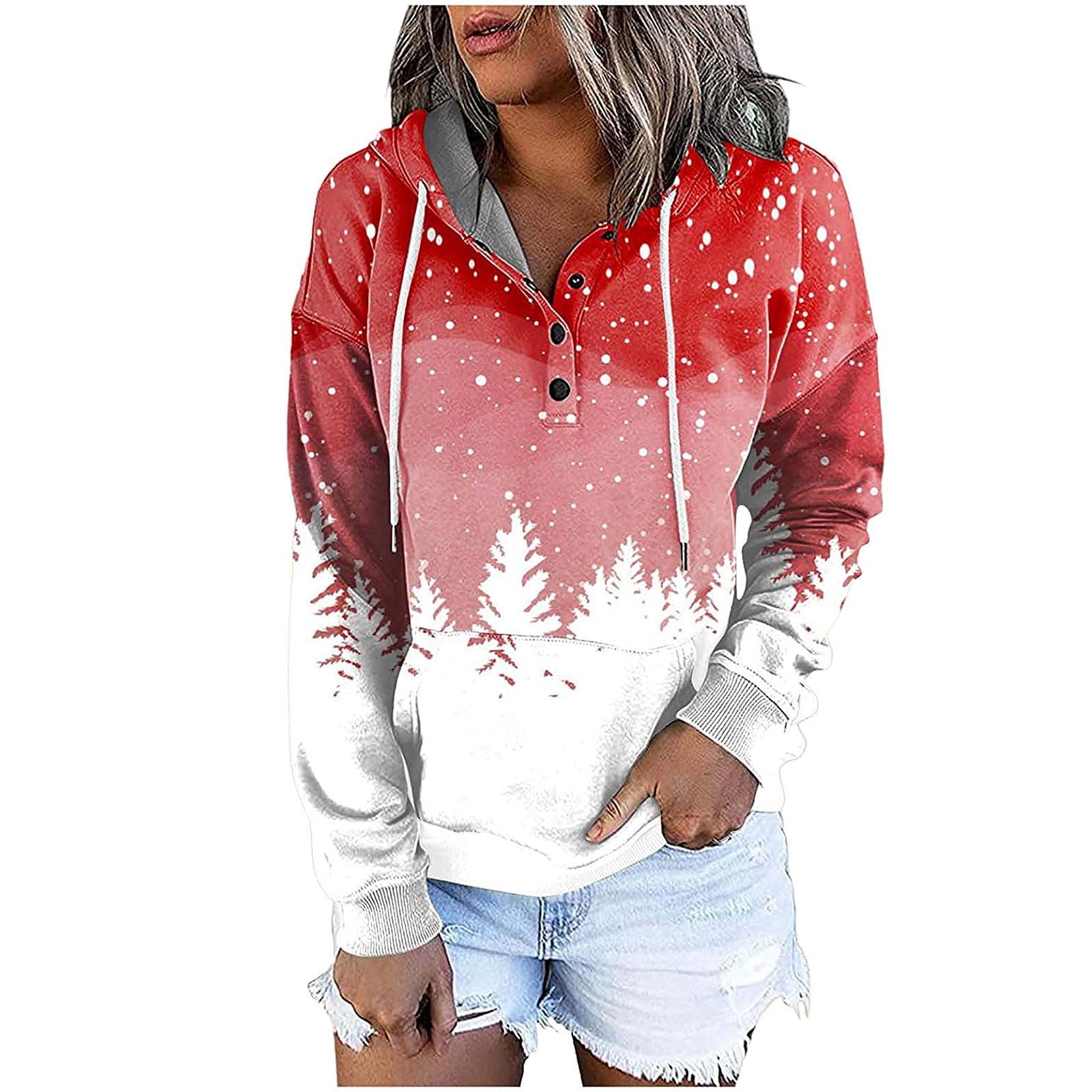 Miximx Women Cute Printed Hoodies Autumn Drawstring Long Sleeve Tops Casual Soft Solid Color Pullover with Pockets Sweatshirt 