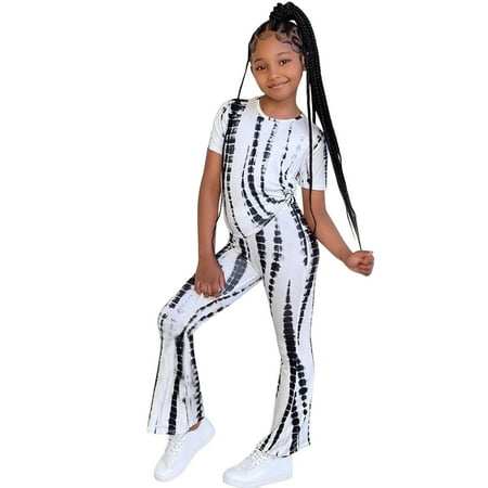 

nsendm Baby Out Fit Kids Toddler Baby Children Girls Summer Striped T Shirt Flared Sporty Clothes for Teen Girls White 3-4 Years