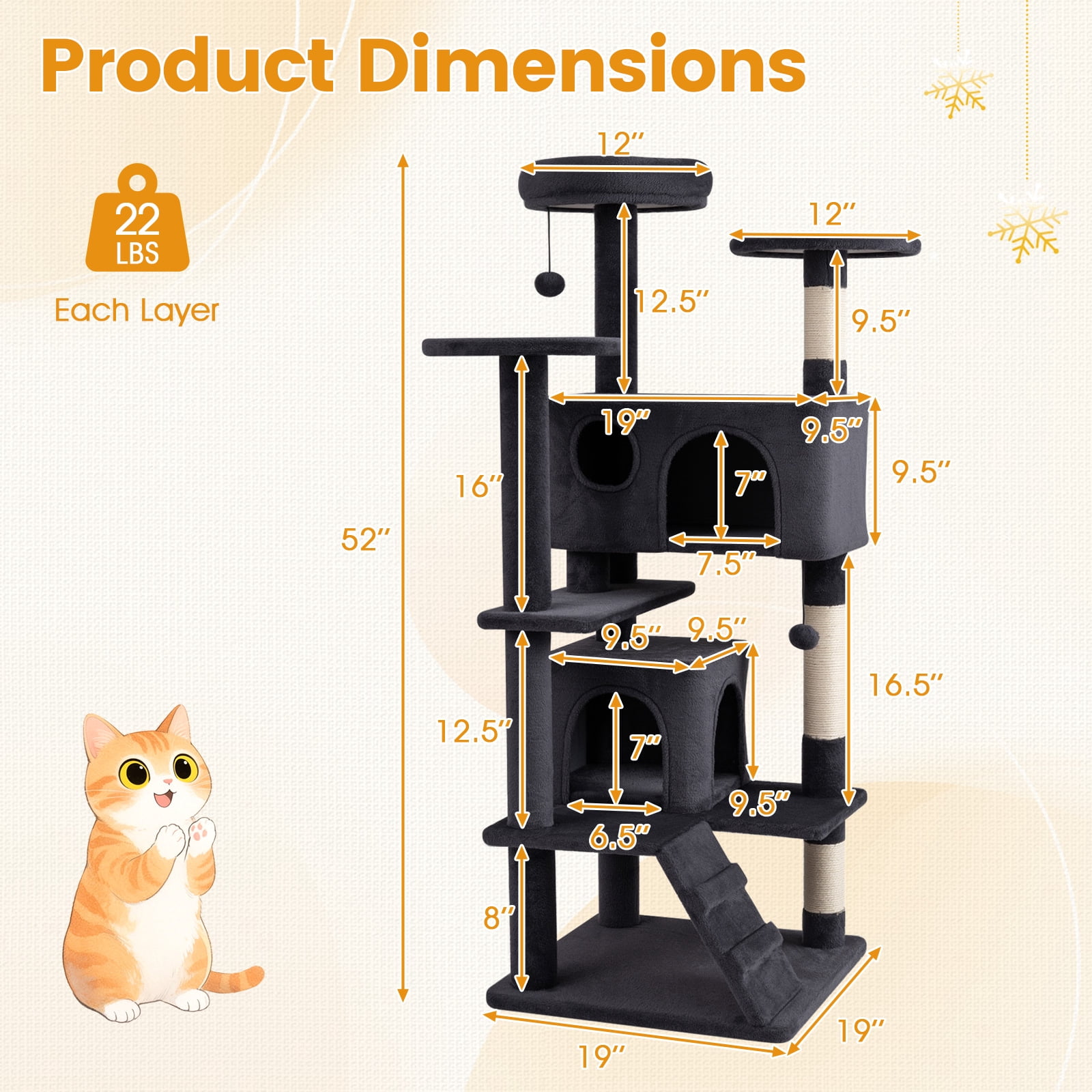 Gymax 52'' Tall Cat Tree Tower w/2 Condos Plush Padded Perch Sisal Scratching Posts Dark Gray