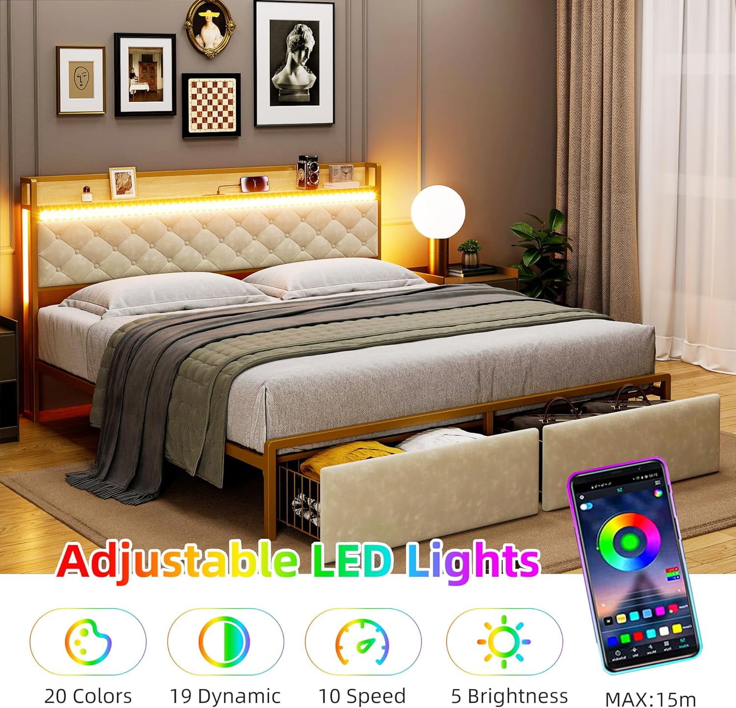 Historyli King Size Bed Frame with RGB LED Lights,Storage Headboard & 2 Storage Drawers,Upholstered Platform Bed with USB Ports & Outlets,Noise Free,Easy Assembly,No Box Spring Needed,White