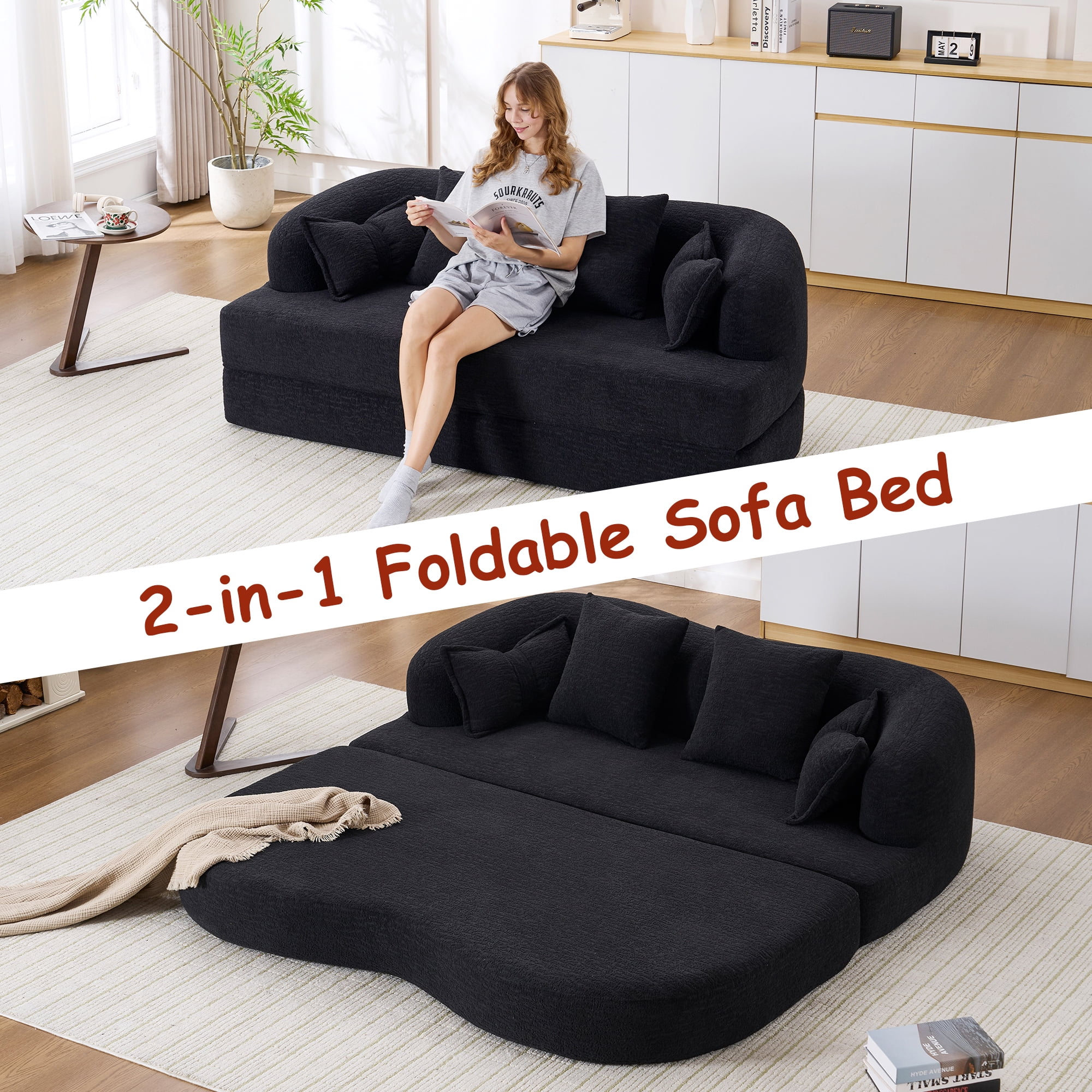 Leumius Futon Sofa Bed,Convertible Sofa Bed,Folding Boneless Couch for living Room,Fold Out Small Foldable Loveseat Floor Sleeper Mattress Lounge Space‑Saving,Black