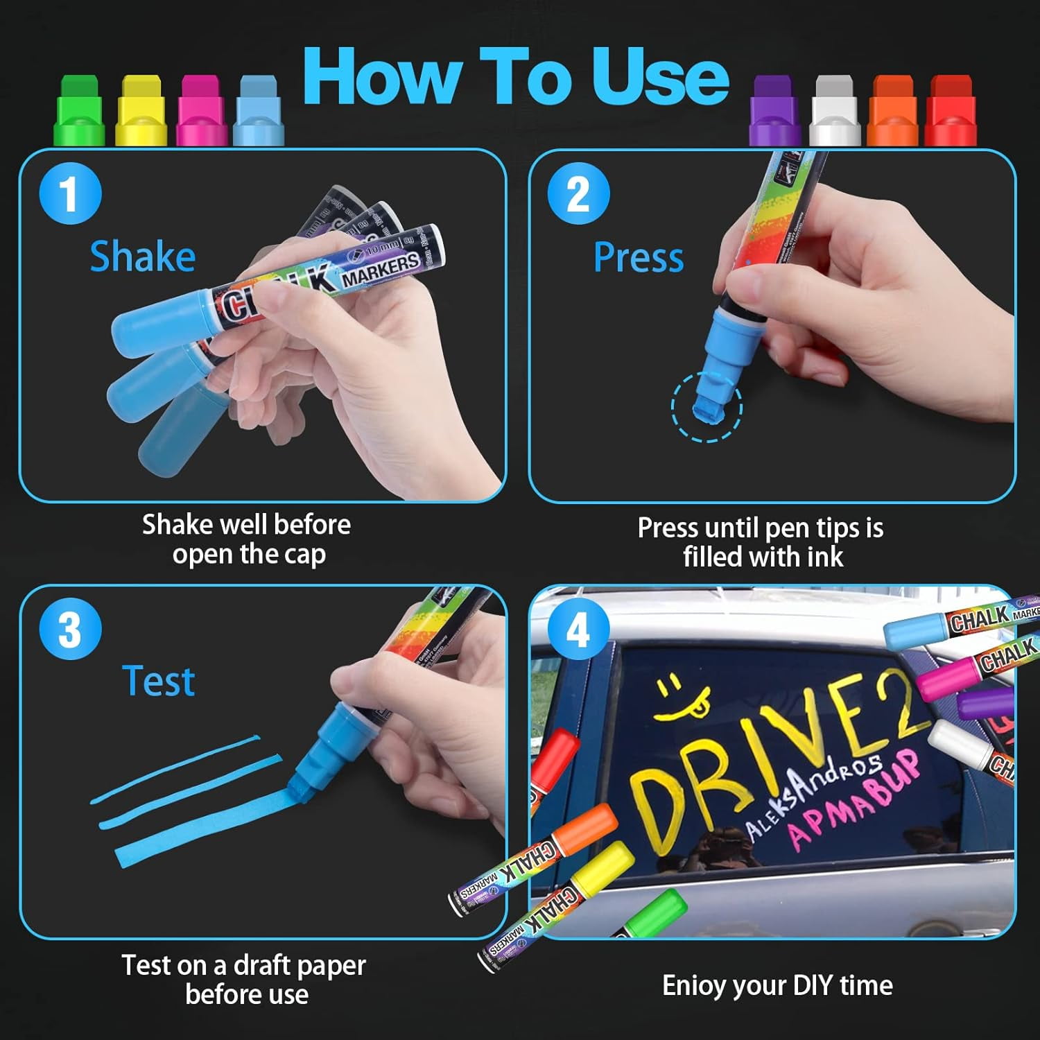 Window Chalk Markers for Cars Washable: 8 Colors Jumbo Liquid Chalk Marker with 10mm Thick Tips, Big Chalkboard Markers, Car Window Paint Markers Pen for Glass, Auto, Bistro, Mirror, Poster, Business