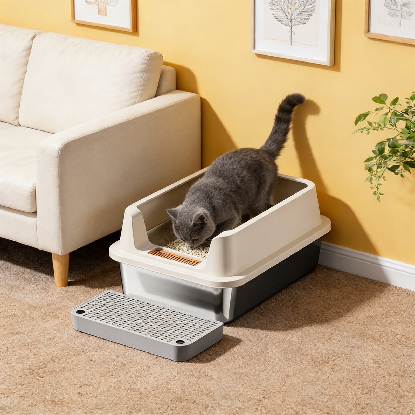 Stainless Steel High Sided Litter Box, Large Open Top Cat Litter Pan with Step Platform, Odor Resistant & Easy Clean, Non-Slip Kitty Tray with Scoop for Small & Large Cats