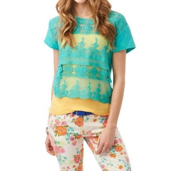 Aeropostale Womens Cropped Crochet Embellished T-Shirt, Green, Juniors, Large