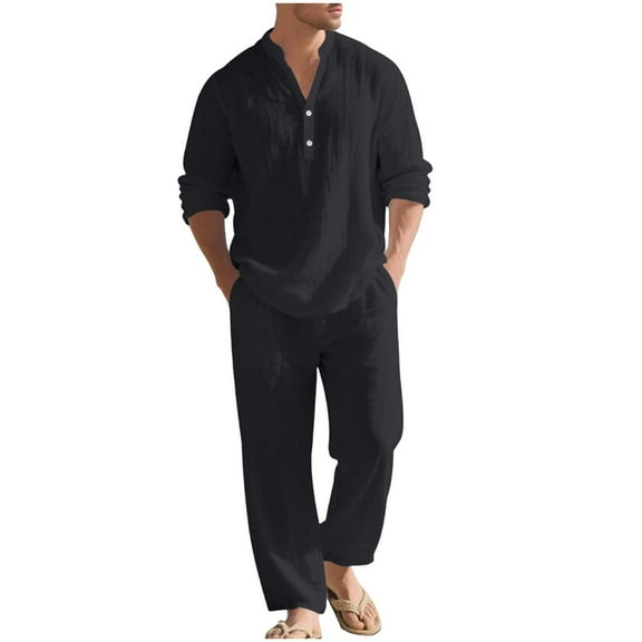 Men's Solid Color Casual Fashion Linen Quarter Button Stand-Up Collar Long Sleeved Shirt Long Pants Beach Set Lightweight Sweatshirt Fall Clothes Two Piece Lounge Matching Set Men