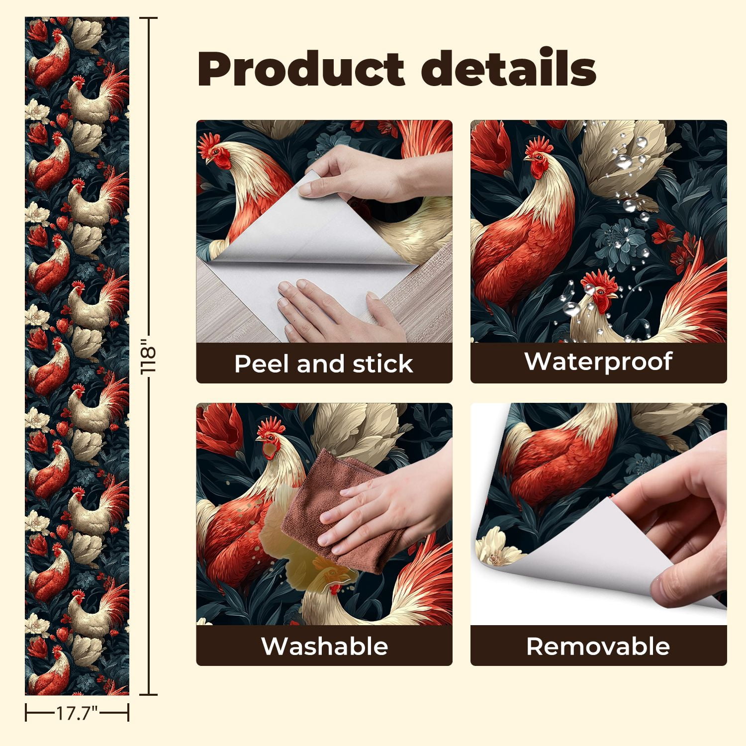 Chicken Peel and Stick Wallpaper Vintage Roosters Floral Garden Wall Mural 17.7in x 9.8ft Self Adhesive Removable Wall Paper Renter Friendly Wallpaper for Nursery Bedroom Cabinets