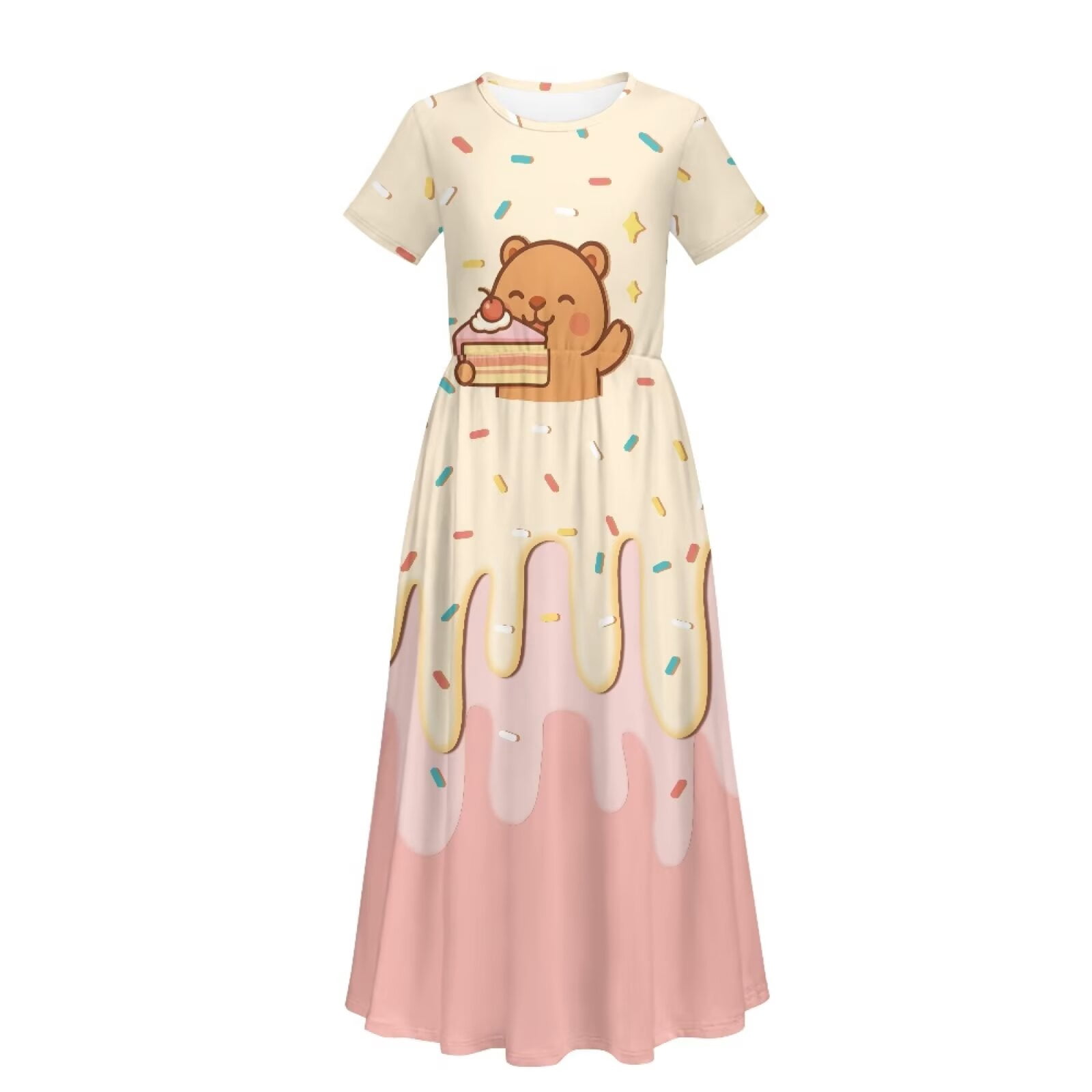 Uourmeti Girl's Short Sleeve Dress Cute Capybara Cake Print Round Neck Loose Casual Long Maxi Dress with Pockets Flowy Cute Outfits, Size 7-8 Years
