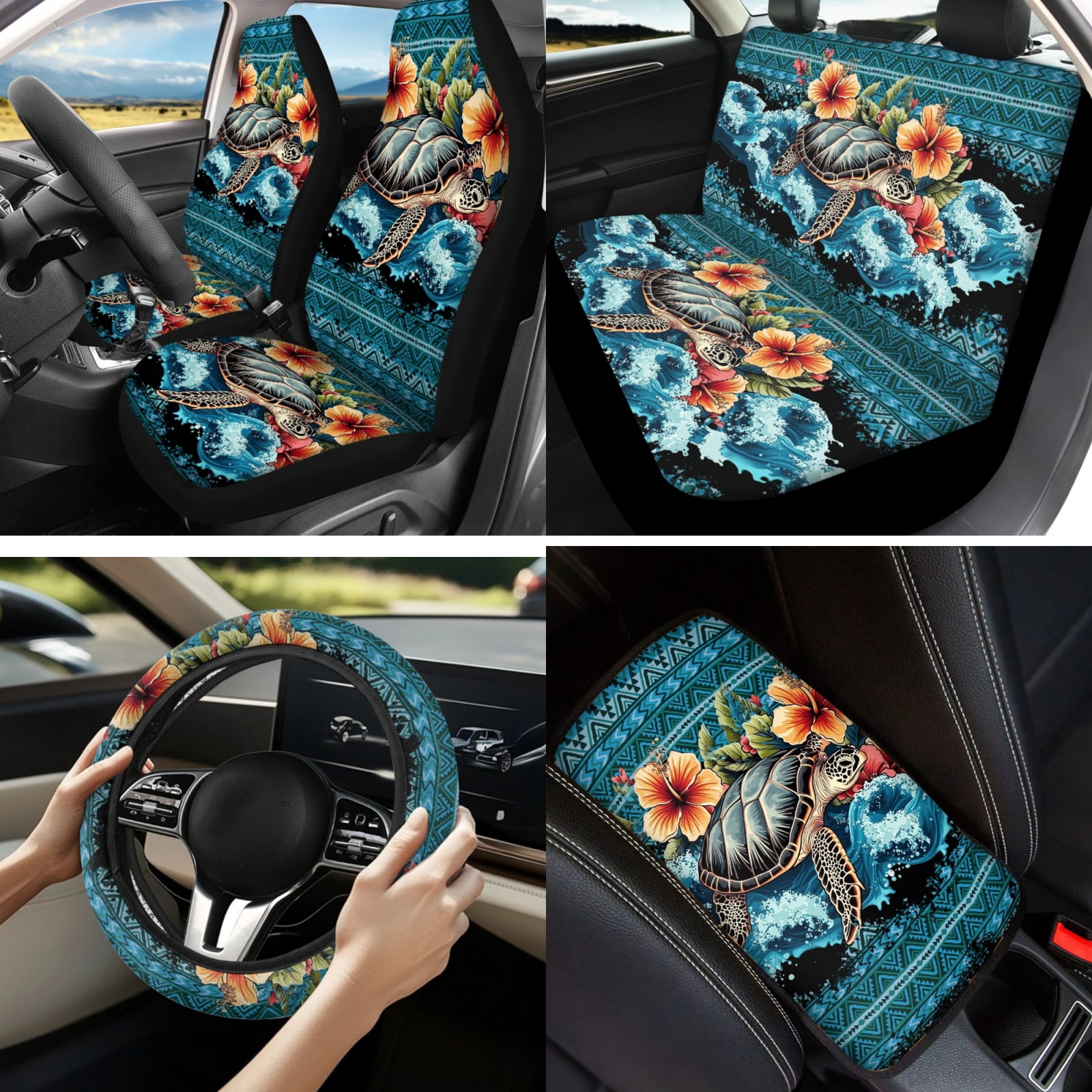 Yuyamidu Aztec Sea Turtle Car Seat Cover Set with Steering Wheel Cover Seat Belt Pad Cup Holder Hibiscus Auto Armrest Cover for Most Cars SUVs