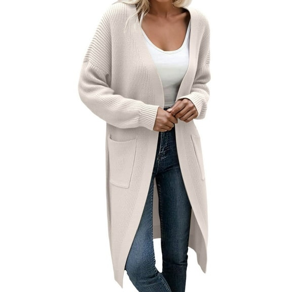 DHFJKG Women Knit Long Cardigan Sweater Knee-Length Solid Color Open Front Long Sleeve Drop Shoulder With Pocket Coat Fall Winter Soft Cozy Coat