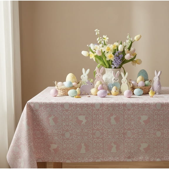 Serafina Home Easter Spring Flannel Back Vinyl Tablecloth: Elegant Bunny Silhouettes with Floral Borders (60" Inch Diameter Round, Pink)