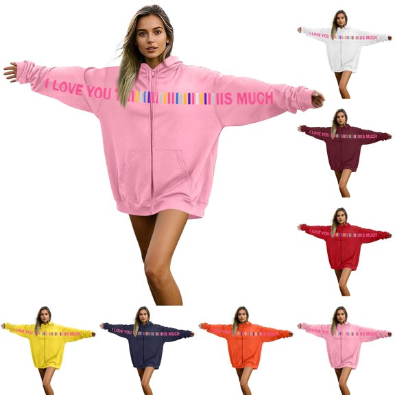 mihongmao Valentine Tops Long-sleeved Hooded Zipper Casual Printed Sweatshirt for Both Men and Women Pink S