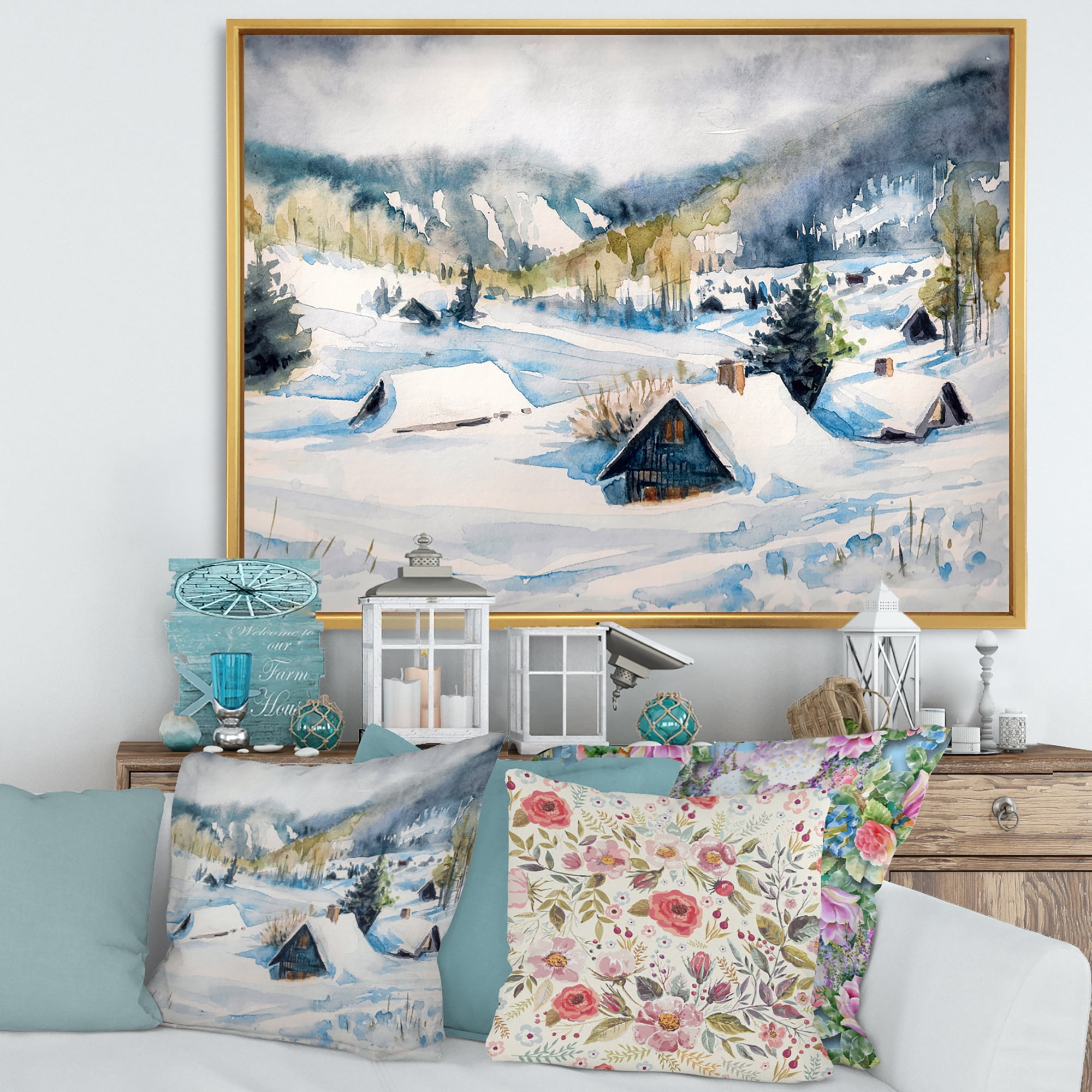 Designart 'Winter In Mountain Village' Traditional Framed Canvas Wall Art Print