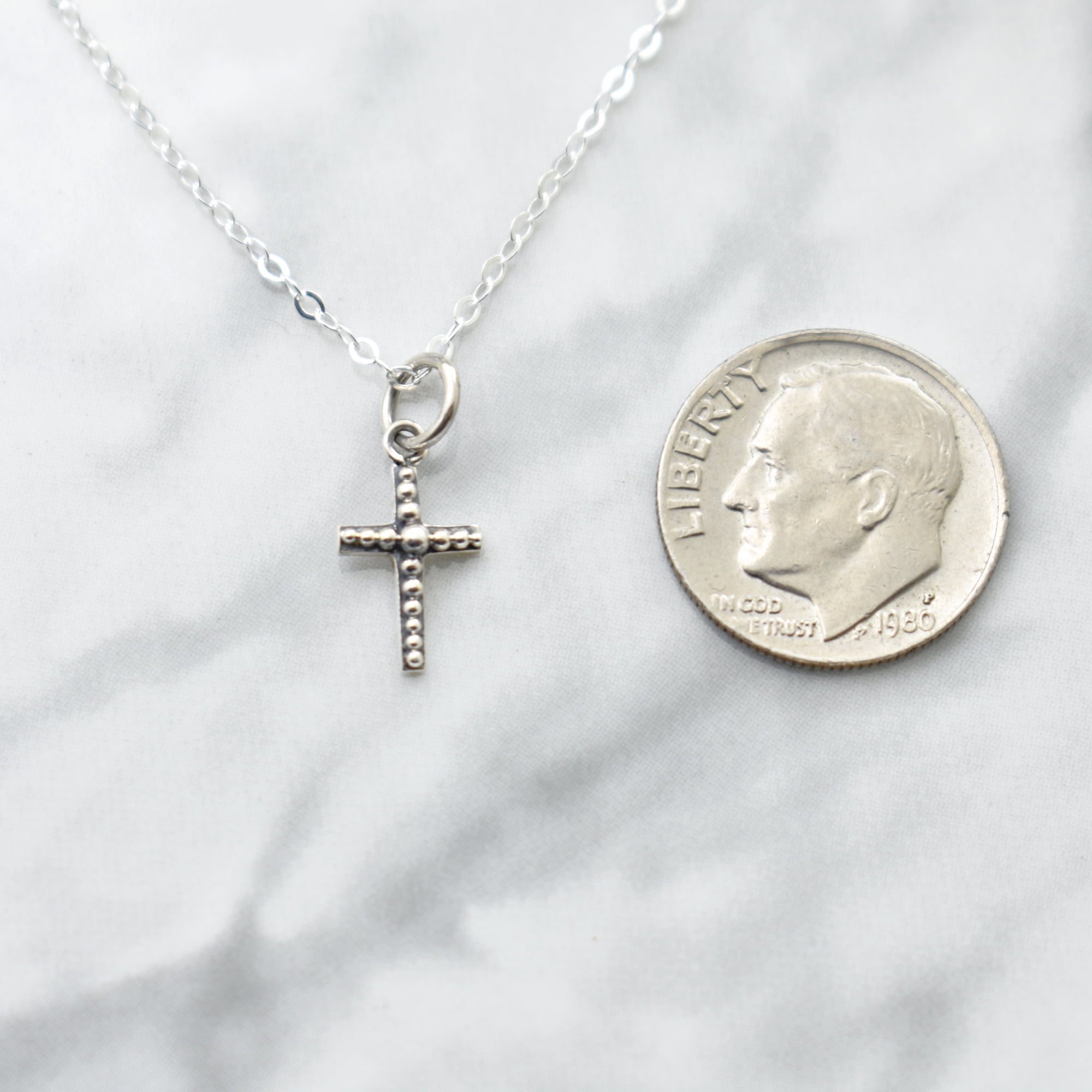 Cross Necklace in Sterling Silver. Handcrafted 14" Charm Cable Chain. Strong Scratch Resistant Jewelry. Perfect Baptism Gift for Your New Godchild