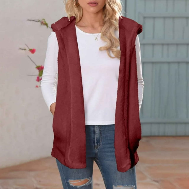 Pincandy Womens Sleeveless Sherpa Vest with Pockets Lapel Open Front Fleece Cardigan Sweater Fuzzy Jacket Coat