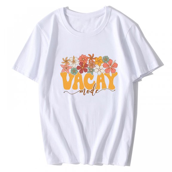 T-shirt for Women Vacay Mode Shirt, Vacation Tee Shirt Funny Travel Summer Short Sleeve Top White Medium