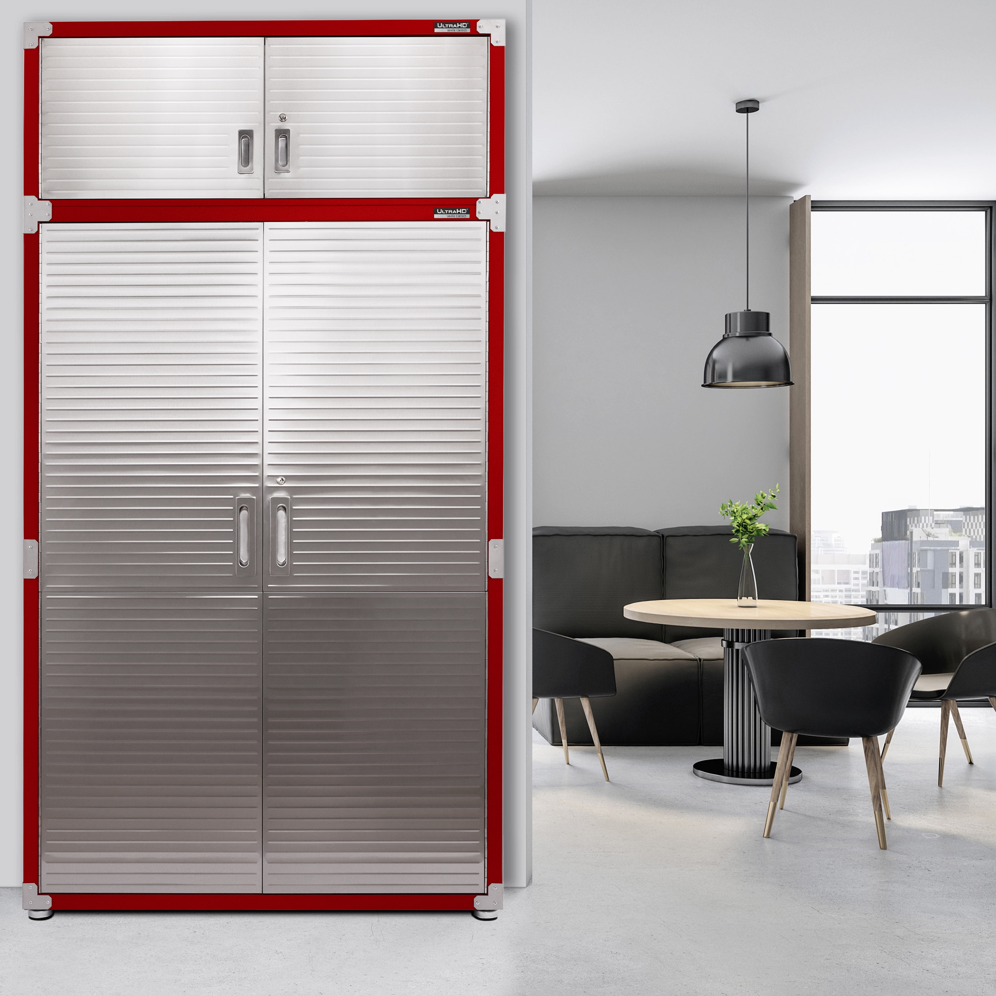 Seville Classics UltraHD® Stacking Top Steel Body Lockable Storage Cabinet Organizer Shelving Unit, 48" W x 24" D x 18.5" H, Red
