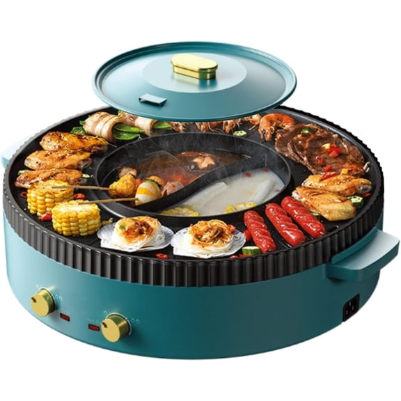 Electric Hot Pot and Grill Combo, 2-in-1 Hot Pot with Grill,Multifunctional Smokeless Korean Barbecue Grill, Capacity for 2-8 People, Suitable for Korean BBQ, Shabu and Soup