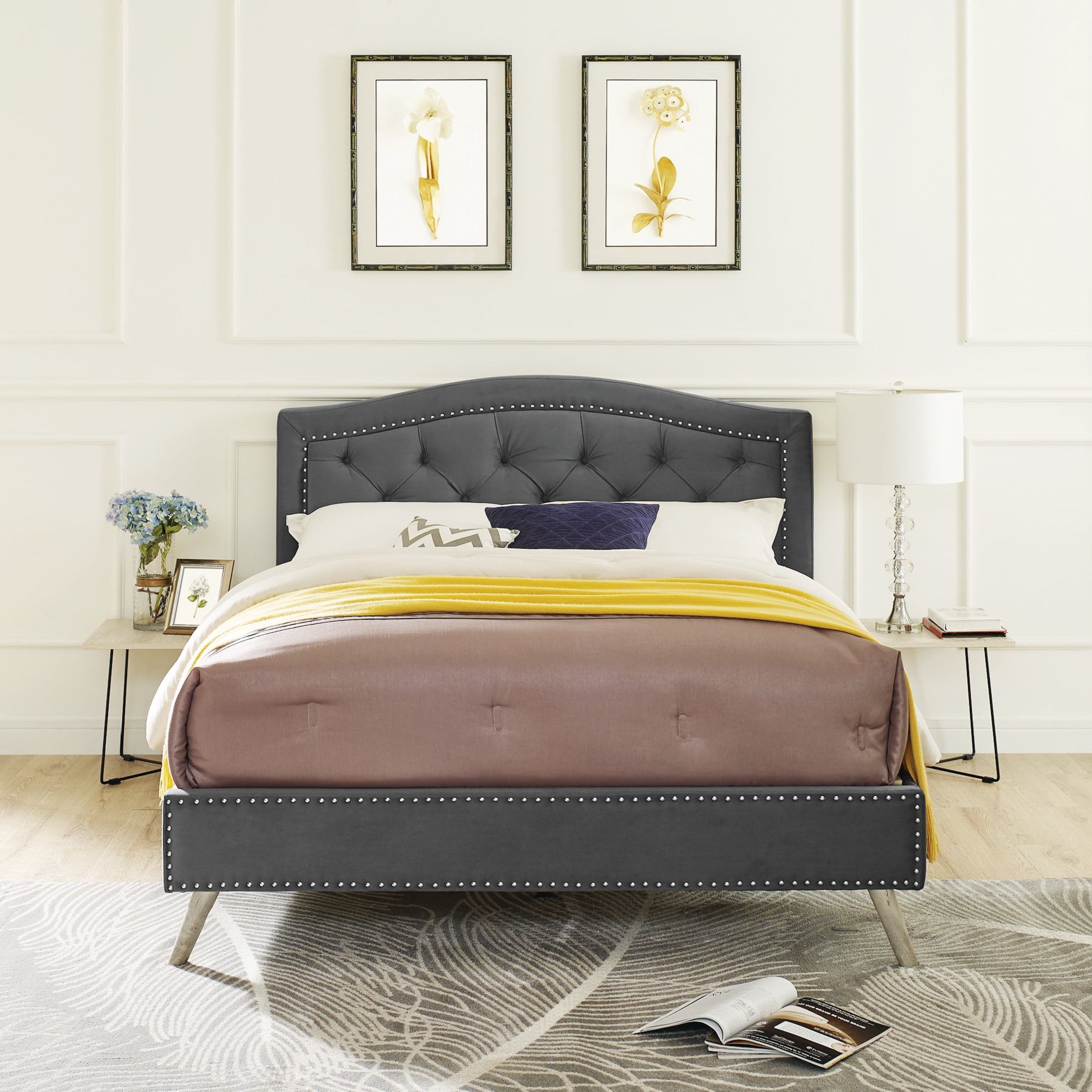 DeCoro Austin Diamond Tufted Upholstered Platform Bed | Headboard and Wood Frame with Wood Slat Support, King, Peyton Slate
