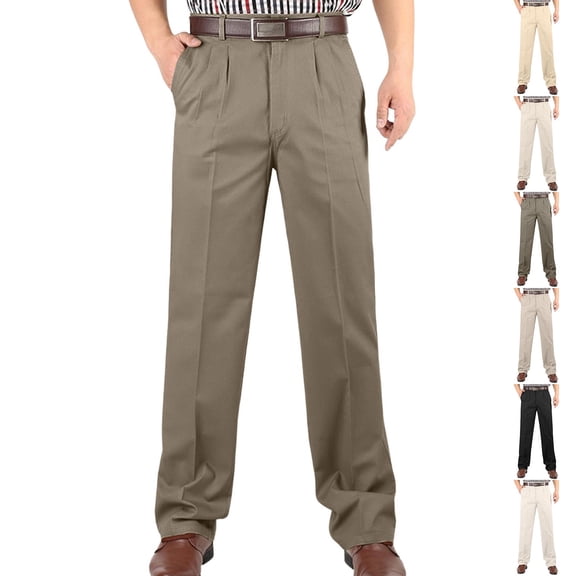 IhhxPro Men's Cotton Casual Pants Pleated Chinos High Waist Business Trousers Straight Leg Office Work Stretch Soft Fit Classic Formal Slim Silhouette All-Season 30-40