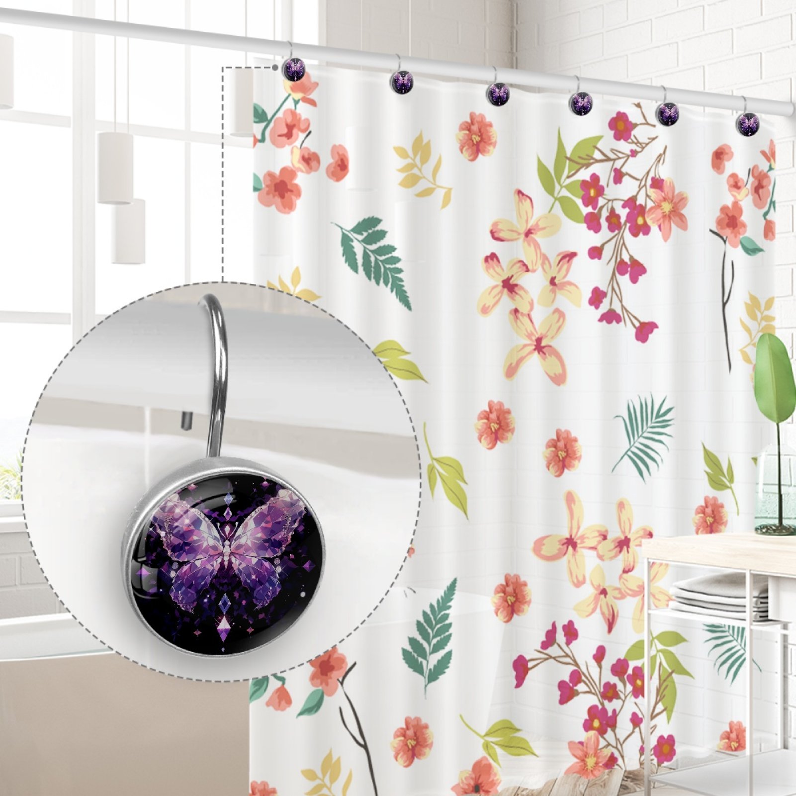 HemaKayy 12 Pcs Decorative Shower Curtain Hooks - Stainless Steel Rings for Bathroom Décor - Easy Glide & Secure Hold - Perfect Decoration for Bathroom Shower Rods - Mysteriou Butterfly