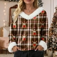 thumbnail image 5 of zaveiop Women's Faux Fur Trim V Neck Christmas Sweatshirts Dressy Casual Pullover Patchwork Graphic Tops Long Sleeve Xmas Blouse (Z-Brown, XL), 5 of 8