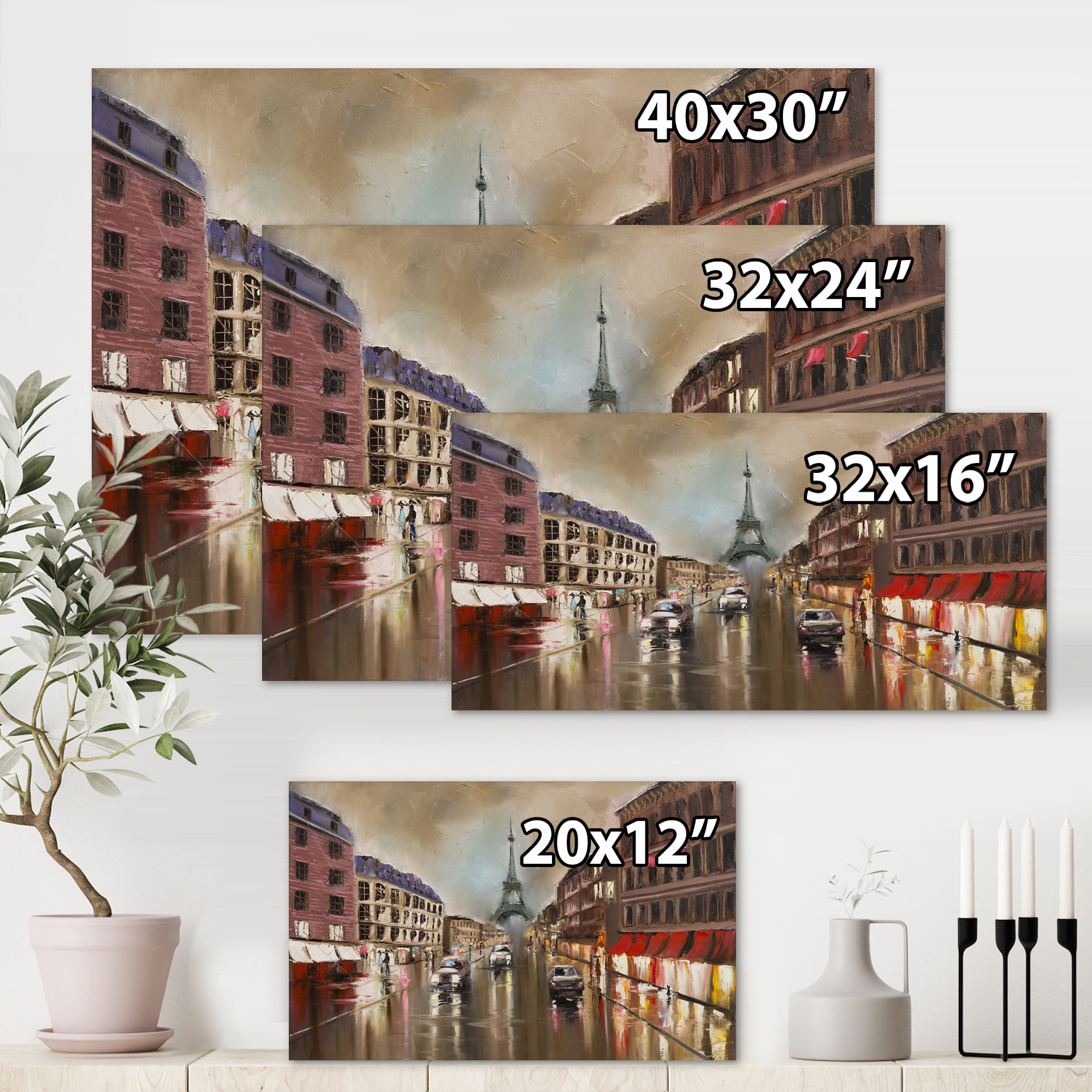 Designart ' Quiet Rainy Street In Gray Eiffel Tower Paris ' Traditional Canvas Wall Art Print