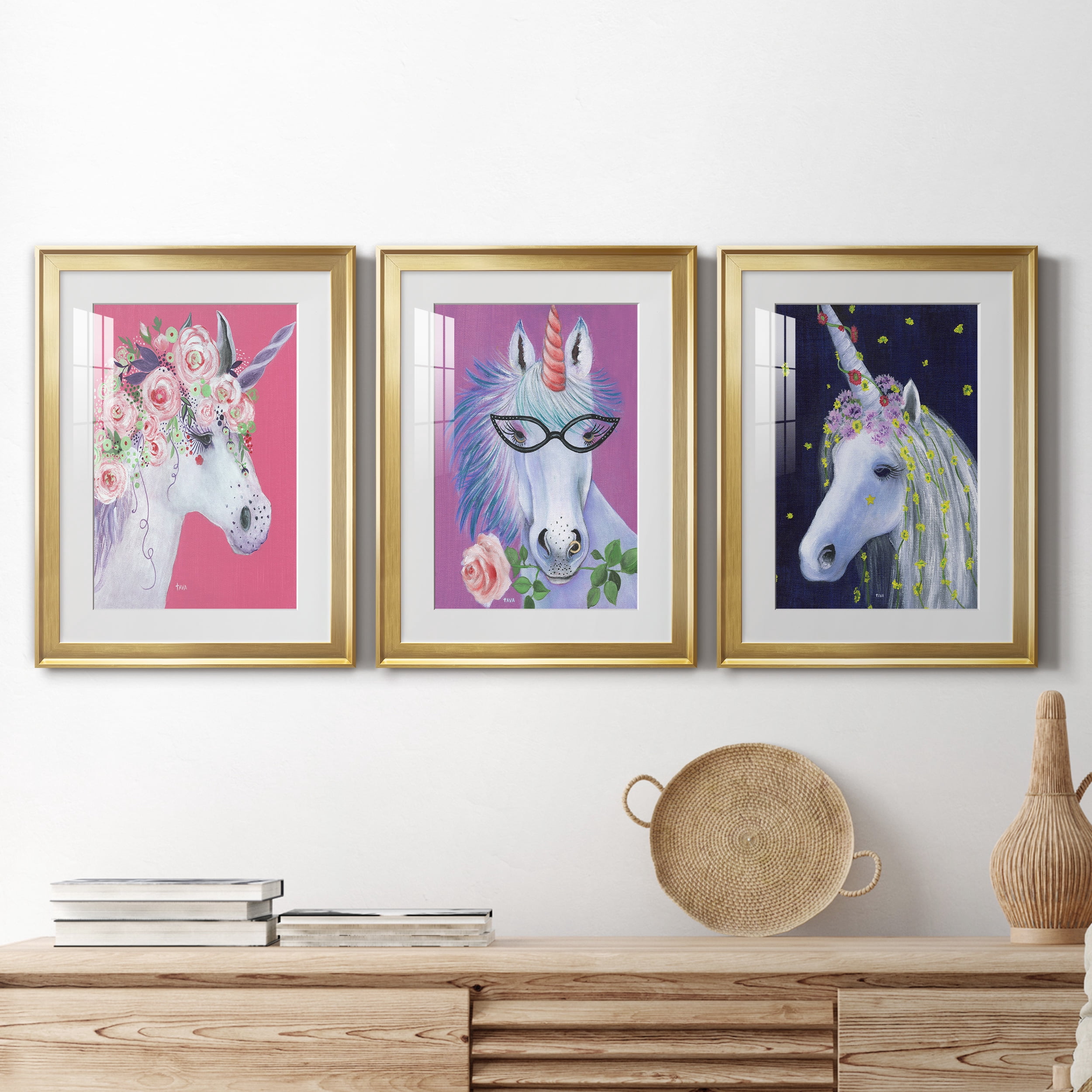 Unicorn II Premium Framed Prints Set of 3 - Ready to Hang - 18 x 24 Each - Gold Frame