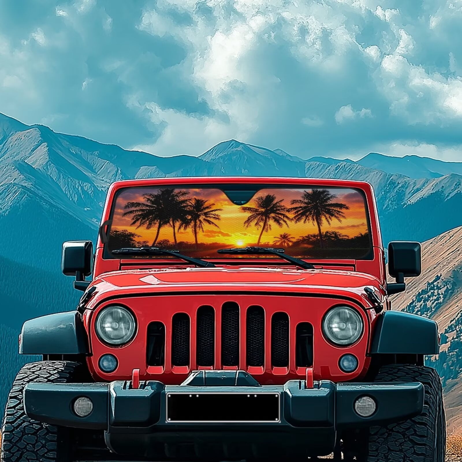 Binienty Car Windshield Cover Sun Shade Tropical Palm Tree Sunset Automotive Windshield Sunshades for Jeep Wrangler JKU 4-Door 2007-2018 Auto Outdoor Protective Accessories