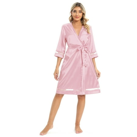 

Monfince Silk Robes for Women Knee Length Bridesmaid Wedding Party Satin Robes Sleepwear with Belt Pink US 6