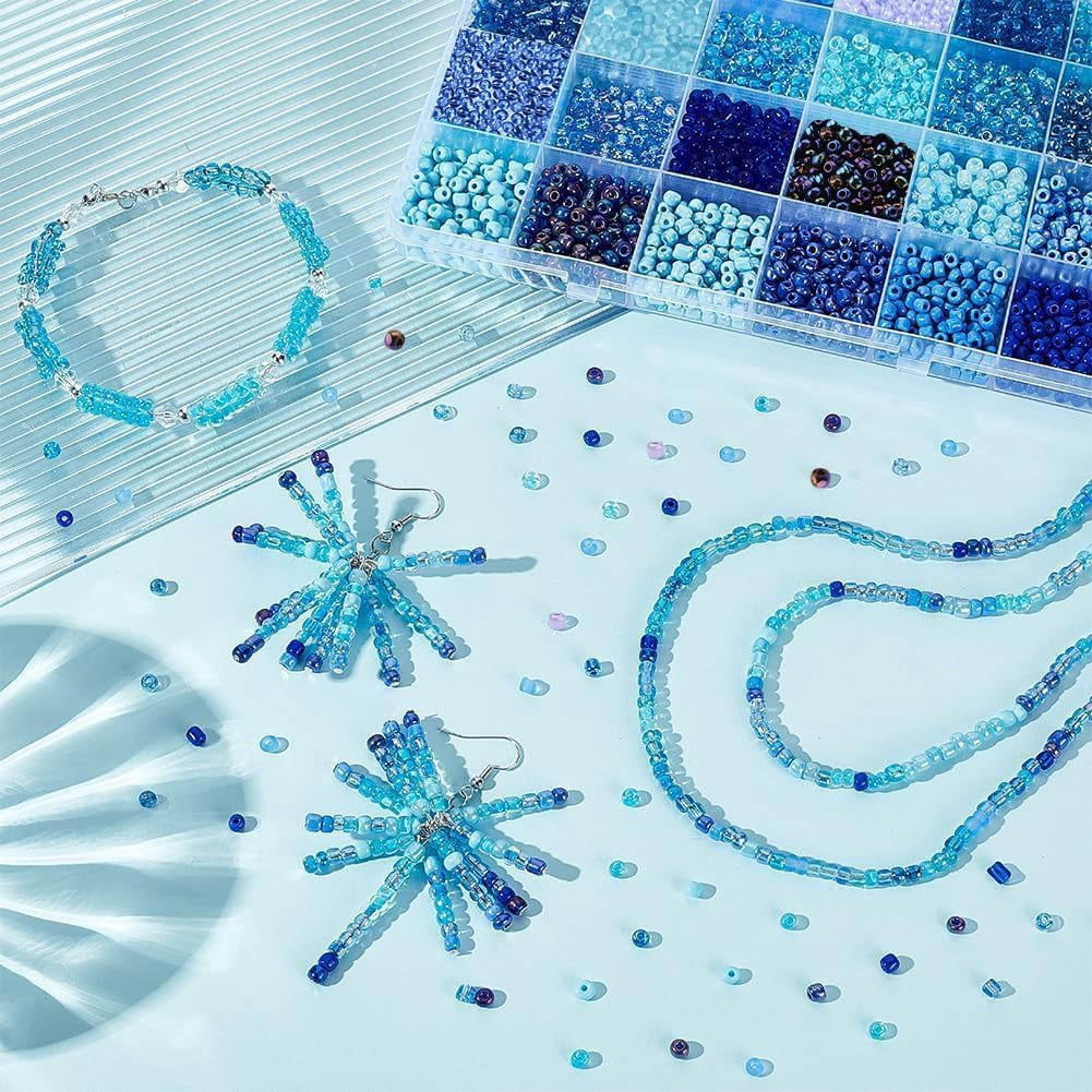1 Box 3600pcs 4mm Blue Glass Seed Beads 24 Colors 6/0 Round Glass Beads Mini Spacer Beads Waist Beads Craft Beads for Bracelet Necklace Earring Jewelry Making Summer Seaside Christmas Decor