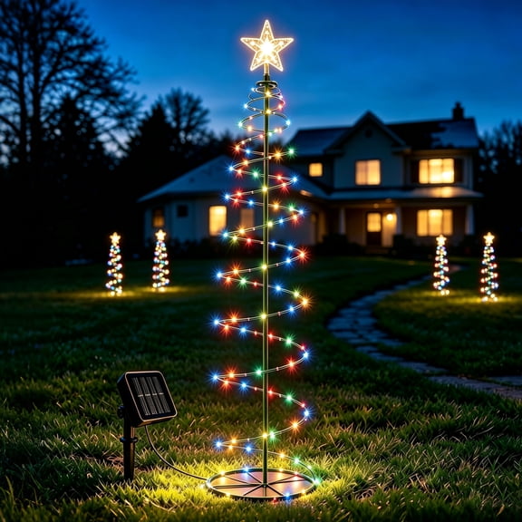 HioHa Solar Outdoor Spiral Christmas Tree Stake Lights, 35 Inch Metal LED Decor Tree with Star Topper, Waterproof Solar Landscape Light for Yard Lawn Pathway Holiday Decoration