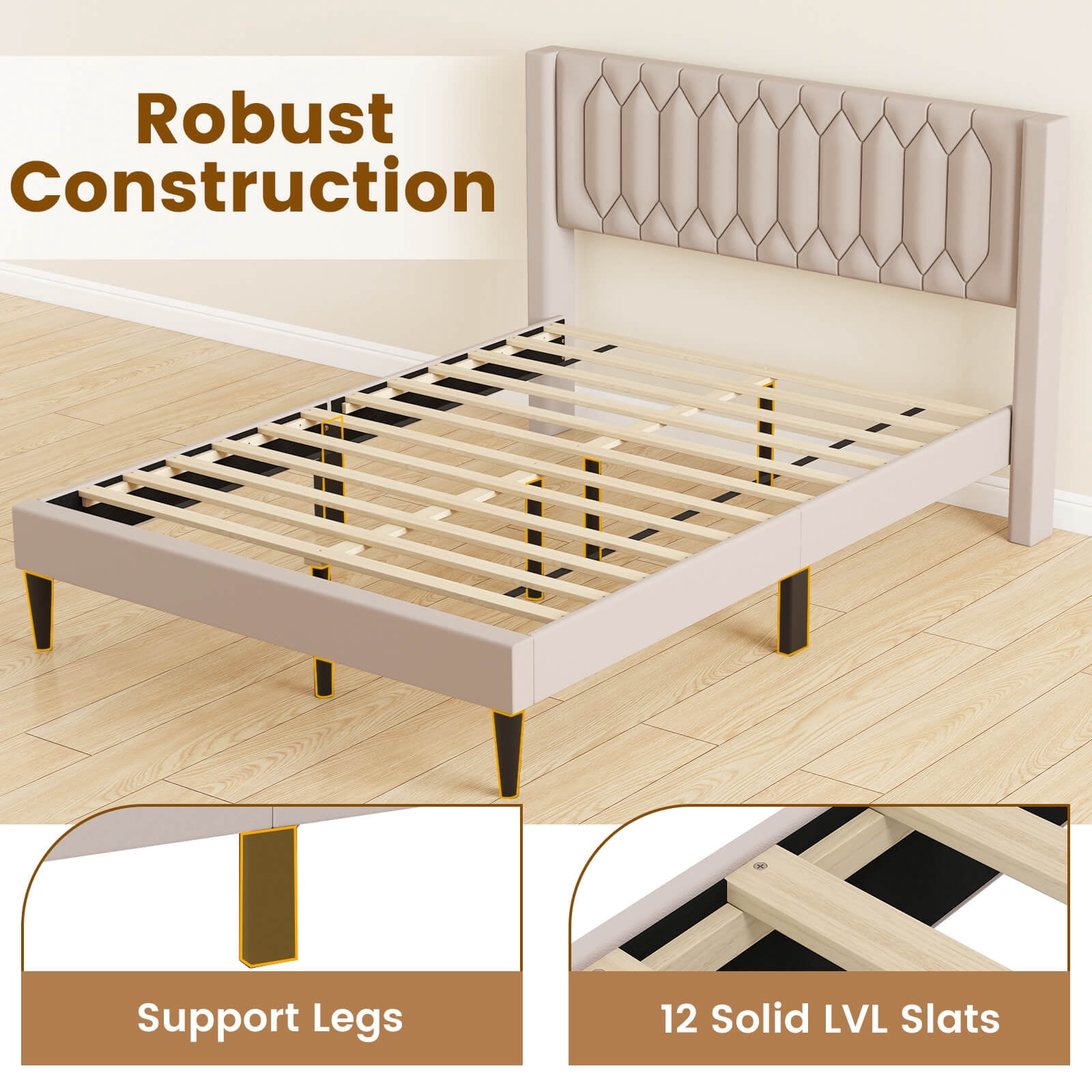 Infans Queen Size Bed Frame Dutch Velvet Upholstered Platform Bed w/Wingback Headboard