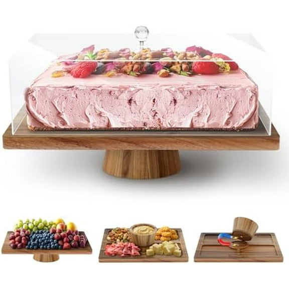 Acacia Wood Cake Stand with Lid, 3 in 1 Rectangular Cake Holder, Wooden Cake Plate with Strong lagnetic Base, Dessert Table Display Set for Wedding, Birthday, Party$$Home Decor, Kitchen, & Other